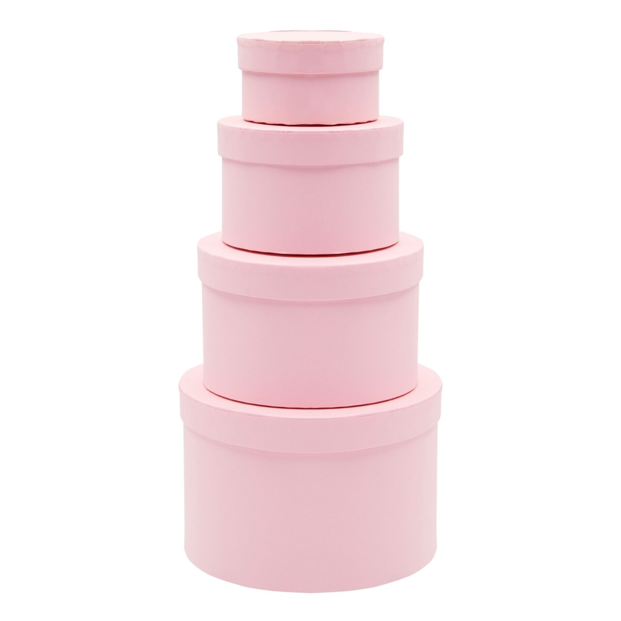 Set of 4 Round Nesting Gift Boxes with Lids, Small Circular Stacking Decorative Hat Boxes, Circle Bandbox for Presents, Jewelry Storage, and Cosmetics in 4 Assorted Sizes (Light Pink)
